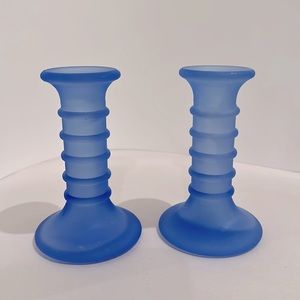 Great Pair of Satin Frosted Blue Glass Candle Sticks. (001980)